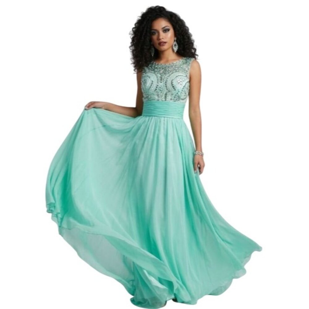 Mint Green A-line Sleeveless Open Back Jeweled Gown 6 MOB Bridesmaid Prom